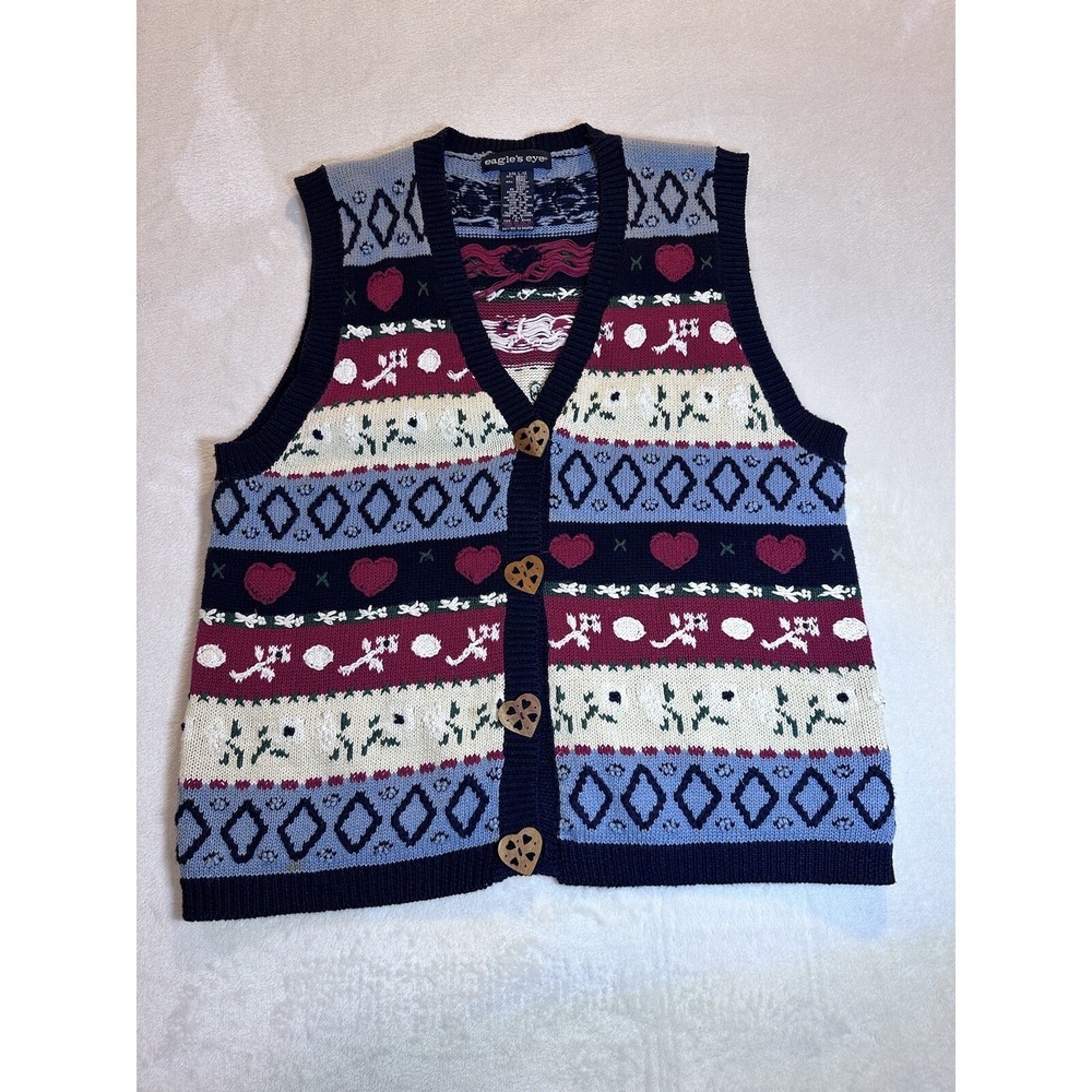 Vintage Eagle's Eye Sweater Vest‎ Size L Hearts Flowers  Valentines